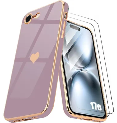 Image de Coque + 2 Verres Trempés pour iPhone 17e, Silicone Motif Coeur Anti-Rayures Souple Slim - Violet