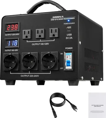 Zdjęcie produktu dla Przetwornica napięcia SucceBuy, 5000 VA, wydajny transformator step-up/step-down, 110 V na 220 V i 220 V na 110 V, wyposażony w 3 gniazda US, 3 gniazda EU, wyświetlacz LCD i wyłącznik automatyczny