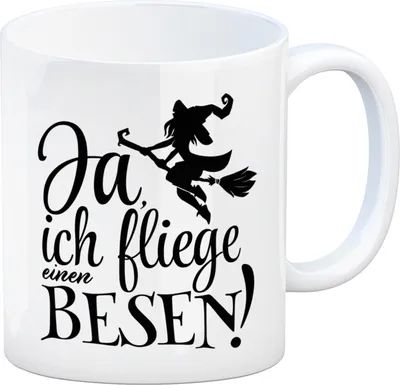 Produktbild von Kaffeebecher mit witzigem Hexenmotiv zu Halloween - Ja, ich fliege einen Besen