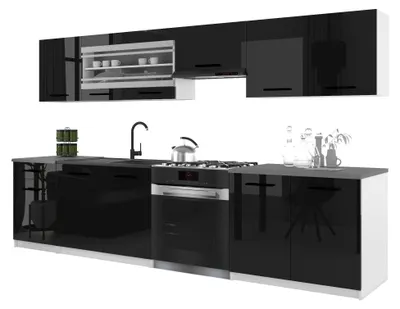 Obrázek produktu pro Belini Moderní kuchyňská linka ITALIA 4 – kuchyňský nábytek 260 cm, černý – vestavěná kuchyně se závěsnými skříňkami, spodními skříňkami a pracovními deskami