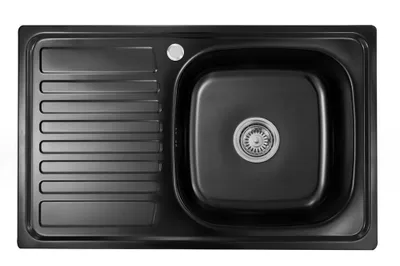 A top-down view of a black kitchen sink with a drainboard.