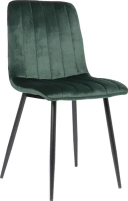 A dark green velvet dining chair with black metal legs, presented on a white background.