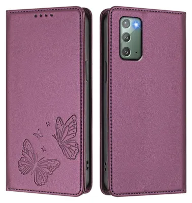 Image de Étui en cuir pour Samsung Galaxy Note 20, motif papillon en relief, étui à rabat avec porte-appareil, violet