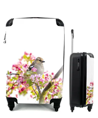 Produktbild von MuchoWow® Koffer Handgepäck Trolley Rollkoffer Kleine Reisekoffer mit 4 Rollen - Vogel zwischen rosa Blumen - Cabin Size < 55x40x23 cm & 55x40x20 cm - Fotokoffer - Kabinenkoffer - Boardgepäck - Reise-Box - Reisekoffer - Reisegepäck - Koffer mit Bild - Trolley für Kinder