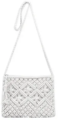 Imagen del producto de Ibenzoa®: Bolso de hombro para mujer, tejido a mano con algodón, color blanco, 25 x 2 x 19 cm, con cremallera y borlas decorativas. Ideal para el verano y la playa