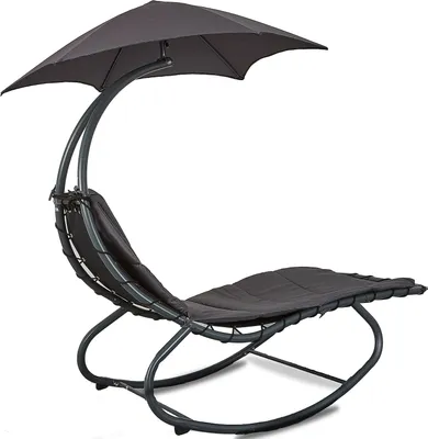 A gray rocking lounge chair with a built-in umbrella, shown against a white background.