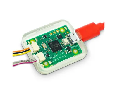 A Raspberry Pi Debug Probe is shown on a white background, connected to a red USB cable and with wires attached.