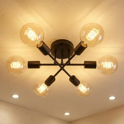 Produktbild von 54cm Deckenleuchten Metall Deckenlampe Schwarz 6 Flammig Industrial Lampe E27 (Ohne Glühbirne) Schlafzimmer Wohnzimmer Arbeitszimmer Café Restaurant