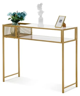 Produktbild von Konsolentisch Schmal Marmor Gold, Moderner Beistelltisch mit 2 Ablagen & Metallgestell, Eingangstisch für Flur, Wohnzimmer, Schlafzimmer, 110×40×90cm