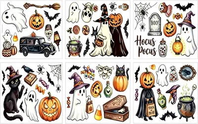 Imagen del producto de Calcomanías para ventanas de Halloween, 120 unidades, en 9 hojas, con motivos de fantasma, calabaza y bruja