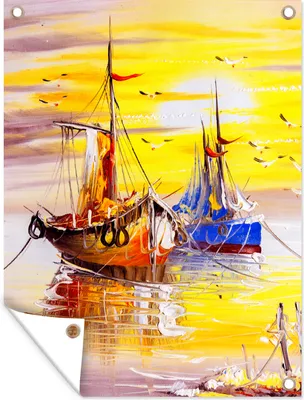 Produktbild von MuchoWow® 60x80 cm Outdoor-Poster Gartendeko Sichtschutz Garten Poster für den Garten  Malerei - Boot - Wasser - Ölfarbe