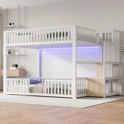 Produktbild von okwish 140×200 Etagenbett mit LED  und Stauraumleiter, Jugendbett mit Sicherheitsgeländer, Doppelbett in Weiß, ohne Matratze