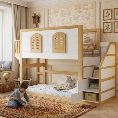 Productafbeelding van Hoogslaper 90x200 cm, wit, naturel, gemaakt van grenenhout, MDF en multiplex, met een trapkast en speelruimte, ideaal voor kinderkamers