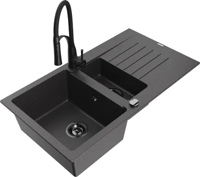 Produktbild von Mexen Matias 1,5-Becken-Granitspüle mit Abtropffläche und Mischbatterie Aster, Schwarz gesprenkelt - 6502-76-73450-70-B