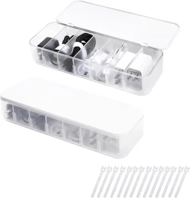 Productafbeelding van Transparante Kabelorganizerbox met 7 Vakken en 14 Kabelbinders voor Opbergoplossingen op het Bureau (Kantoor) - 2 Stuks