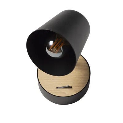 Productafbeelding van LIMA Wandlamp E27 met schakelaar, verstelbare wandlamp van metaal en hout, zwarte leeslamp in Scandinavische stijl voor slaapkamer en woonkamer