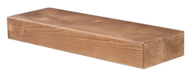 A wooden shelf on a white background.