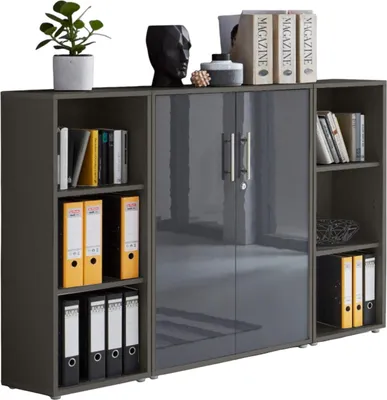 Produktbild von Aktenschrank TABOR 2 in anthrazit / anthrazit Hochglanz, Schrankwand, Büroschrank, abschließbar, Metallgriffe