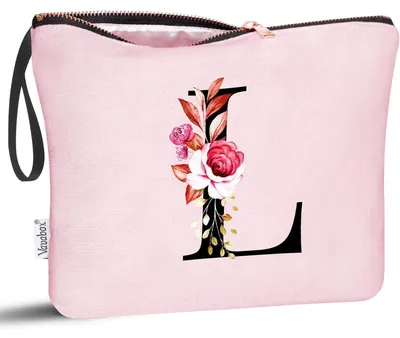 Productafbeelding van Cosmetica tas met gepersonaliseerde letter L, roze, van katoen