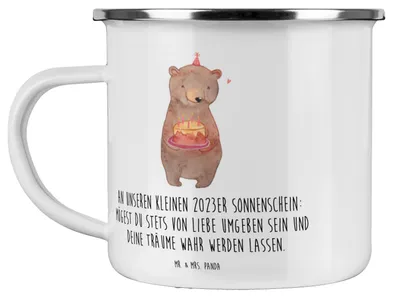 Produktbild von Mr. & Mrs. Panda Pott 2023 Geburtstagstraum - Weiß - Geschenk, wahr werden, Emaille Becher, Geburtstagsgeschenk, Haferl, liebevolle Botschaft, Geburtstag, Tasse, Alter