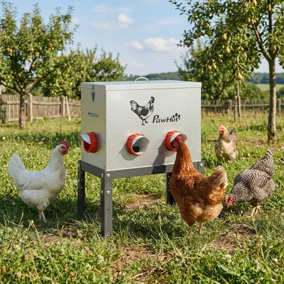 Produktbild von Futterautomat Hühner, Geflügelfutterautomat, verzinkter Stahl, 6 Öffnungen, Silber | 18 kg | 42,3 x 25,0 x 55,3 cm | abschließbar