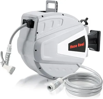 Imagen del producto de Carrete para manguera de 30 metros, para montaje en pared, con manguera de jardín y sistema de retracción automática, caja para manguera con rotación de 180 grados, carrete para manguera de agua para riego de jardines (gris)