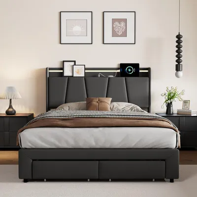 Immagine prodotto di Letto imbottito Fortuna Lai 160×200 cm in lino grigio - letto con illuminazione a LED, porta di ricarica USB e Type-C, rete idraulica e 2 cassetti, letto contenitore moderno