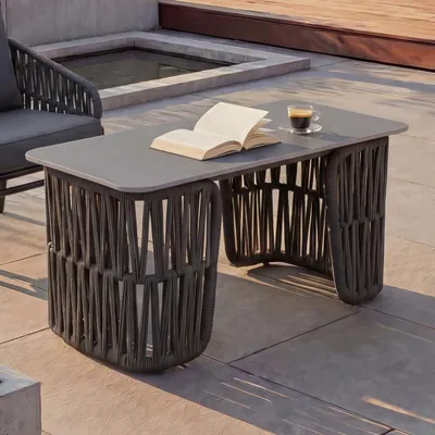 Produktbild von Loungetisch HWC-P90, Gartentisch Balkontisch Outdoor, Seilgeflecht Rope Sinterstein 43x90x45cm anthrazit, Platte grau