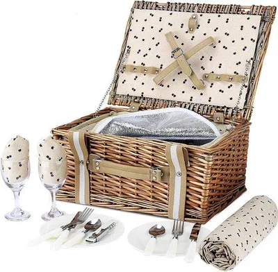 Produktbild von Famanu Picknickkorb für 2 Personen mit großer isolierter Kühltasche - wasserfeste Picknickdecke