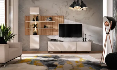 A modern living room with a wall-mounted entertainment unit and TV.