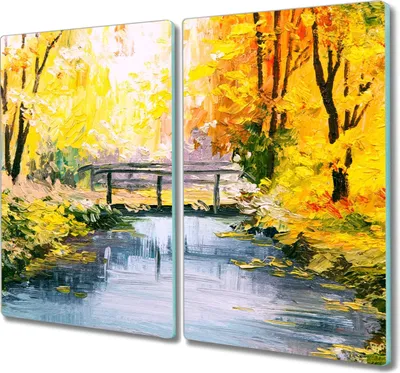 Produktbild von Coloray Herdabdeckplatte 2x30x52 cm Schneidebrett Kochplattenabdeckung Küchenbrett Hackbrett - Wald-Fluss-Brücke Natur