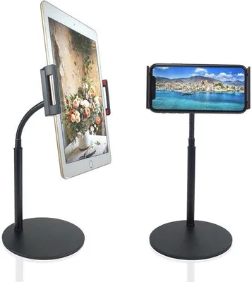 Productafbeelding van Ibenzoa® Verstelbare tablet-/smartphonehouder met flexibele zwanenhals, 360° draaikop, metaal – geschikt voor smartphones van 4,7 tot 11 inch en tablets, hoogte 18-34 cm