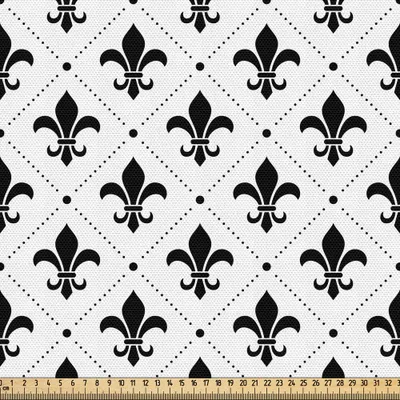 Produktbild von ABAKUHAUS Fleur De Lis Gewebe als Meterware, Französische Kultur inspirierte Motive gepunktete Linien mittelalterlichen Design Blumenmuster, 5 M (148 x 500 cm), Weiß Schwarz