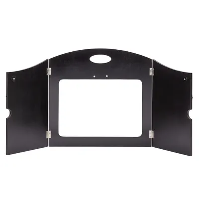 A black wooden frame with a central rectangular opening, designed to be a stage for performances.