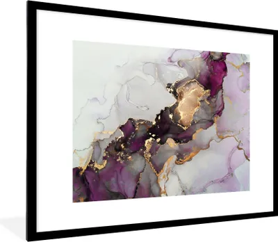 Produktbild von MuchoWow® Gerahmtes Poster Marmor - Abstrakt - Gold - Lila 80x60 cm - Poster mit Schwarzem Bilderrahmen Wandposter Rahmen Foto Bilder - Schlafzimmer-Dekorationen - Fotoposter