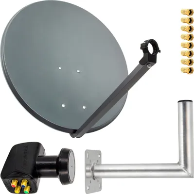 A collection of satellite dish components arranged on a white background.