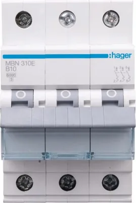 Immagine prodotto di Interruttore automatico 3 poli 6kA caratteristica B 10A 3 moduli Hager MBN310