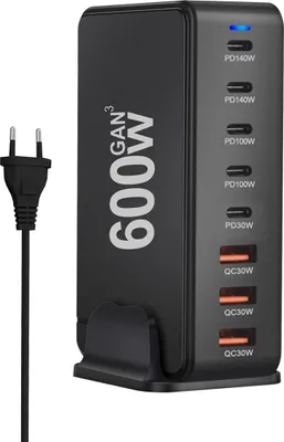 Zdjęcie produktu dla [8-portowa ładowarka USB PD Bakeey YMX-600W 5 USB-C + 3 USB-A, szybkie ładowanie QC PD3.1, stacja biurkowa, wtyczka EU, czarna