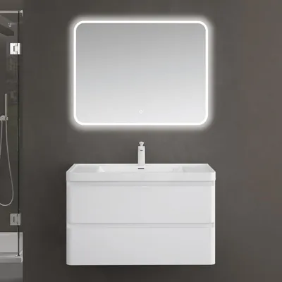 Image de doporro Meuble de Salle de Bain Suspendus Blanc 90x48x55 cm Ensemble de 3 Pièces Meuble avec Lavabo et Miroir Design Lucca