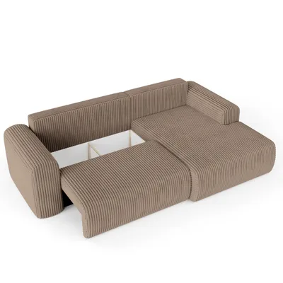 A brown sectional sofa with a pull-out storage compartment visible.