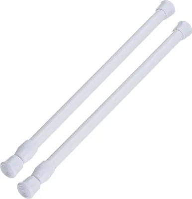 Two white adjustable tension rods are shown diagonally against a white background.