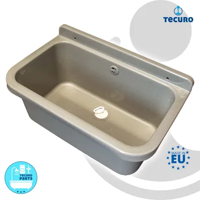 A grey sink basin with a drain and overflow fitting, presented against a white and light grey background with branding and informational overlays.
