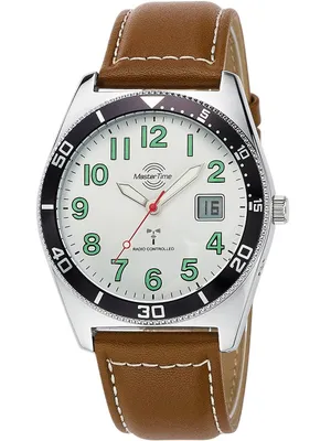 A close-up studio shot of a men's wristwatch with a brown leather strap.