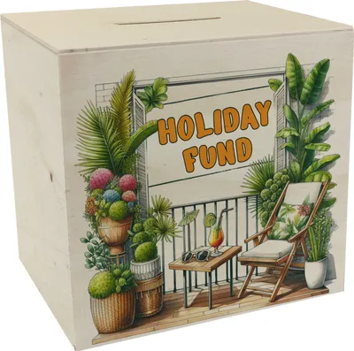 Produktbild von Urlaub auf Balkonien Urlaubskasse Spardose aus Holz mit Spruch Holiday Fund