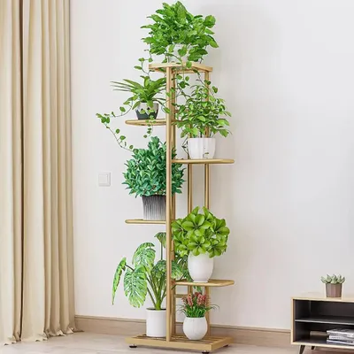 Obrázek produktu pro Stojánek na rostliny – rohová květinová police – kovová konstrukce se 6 úrovněmi – úsporný design pro balkon, zahradu nebo obývací pokoj – zlatá barva
