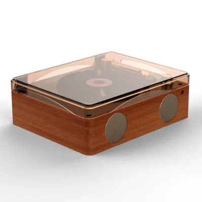 A product shot of a wooden CD player with a transparent lid.