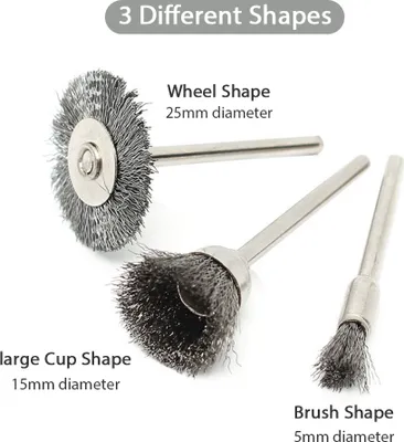 Zdjęcie produktu dla 45-częściowy zestaw szczotek drucianych ze stali nierdzewnej z trzpieniem 1/8 '' Szczotka druciana o średnicy 10/15/25 mm do polerowania i szlifowania