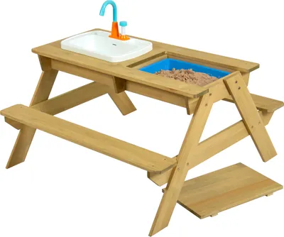 Zdjęcie produktu dla TP Toys Dziecięca ławka piknikowa/ogrodowa ze zbiornikiem na wodę i kranem naturalna 89 x 94 x 71 cm (gł. x szer. x wys.)