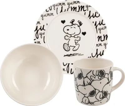 Produktbild von The Peanuts Frühstücksset - Snoopy Geschirr Set 3-teilig Teller, Schale & Tasse aus Porzellan Weiß/Schwarz