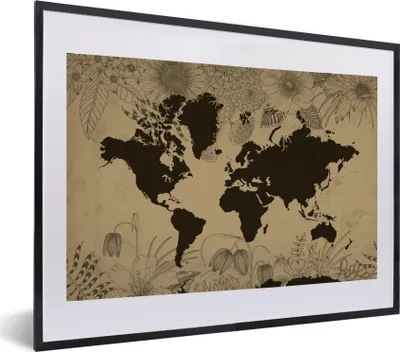 Produktbild von MuchoWow® MuchoWow® Gerahmtes Poster Weltkarte - Vintage - Schwarz 60x40 cm - Poster mit zchwarzem Bilderrahmen - Schlafzimmer - Plakat in Rahmen - Drucken